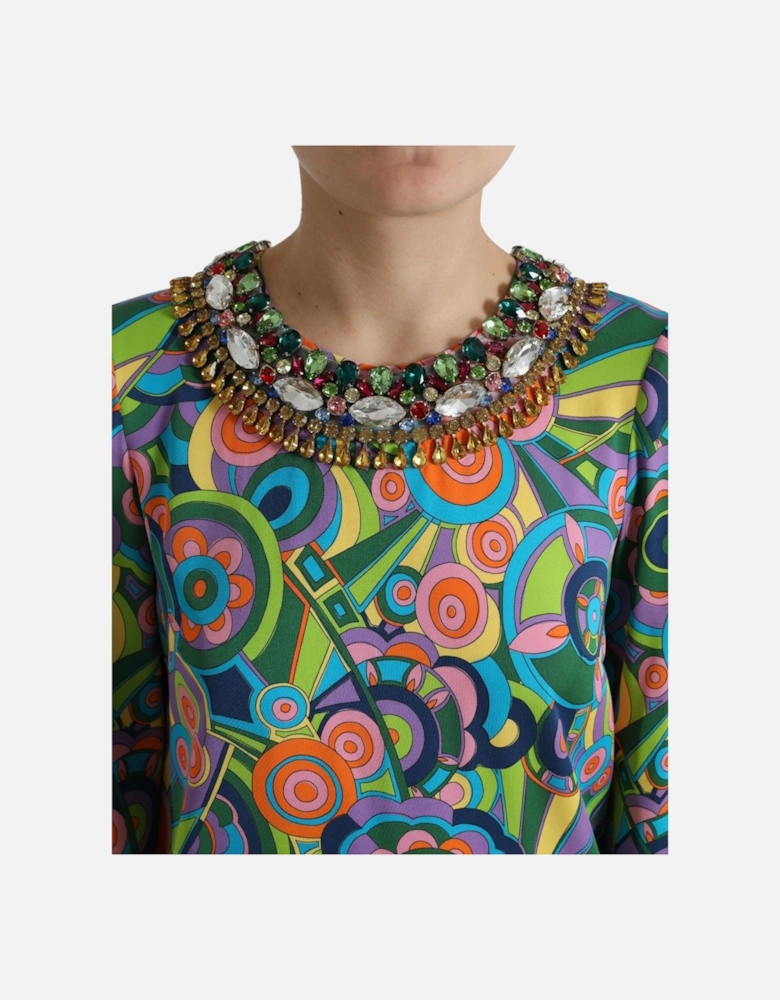 Op Art Mini Dress Jewel Neck Long Sleeve Women - Multicolor Dresses