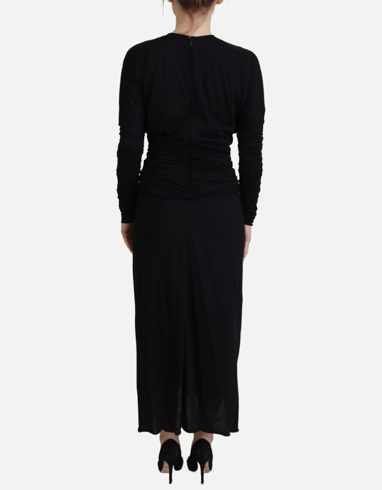 Rose Detail Midi Dress Long Sleeve Knit Midi Dress Women - Black