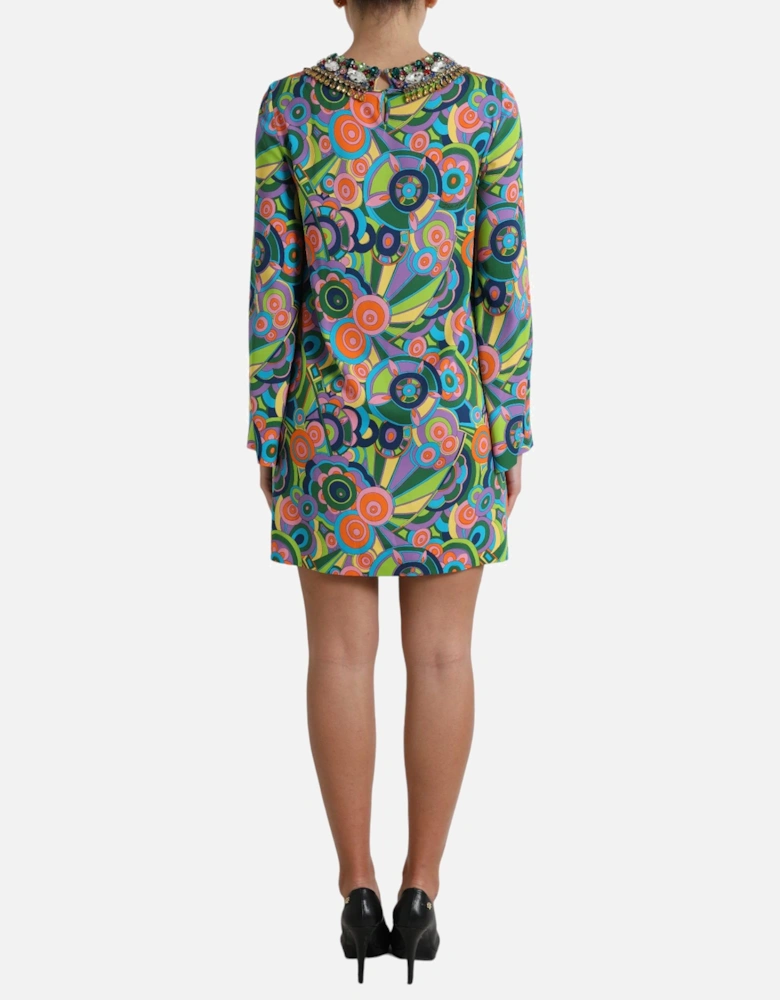 Op Art Mini Dress Jewel Neck Long Sleeve Women - Multicolor Dresses
