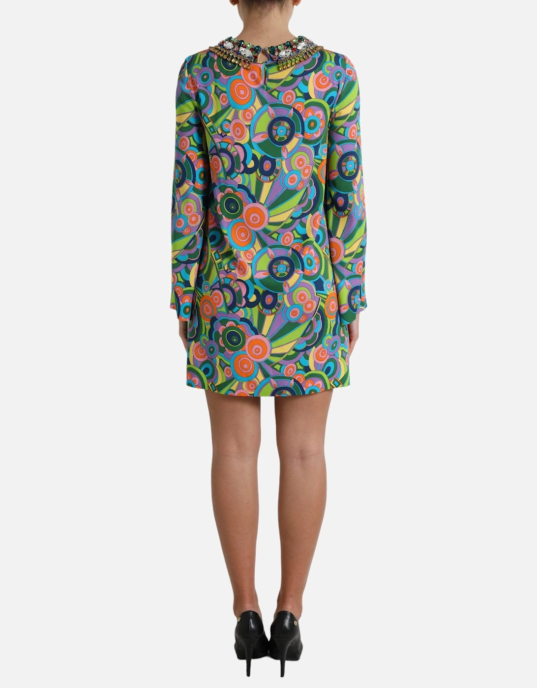Op Art Mini Dress Jewel Neck Long Sleeve Women - Multicolor Dresses