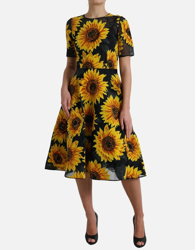 Sunflower Print A-Line Midi Dress Women - Black Dresses