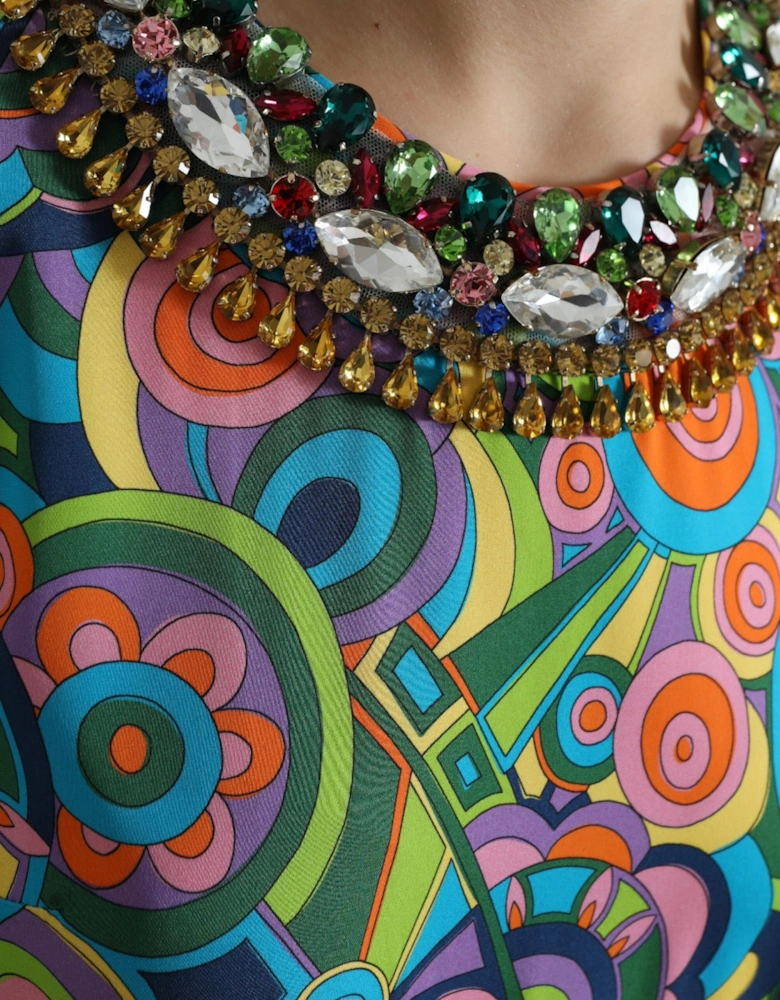 Op Art Mini Dress Jewel Neck Long Sleeve Women - Multicolor Dresses