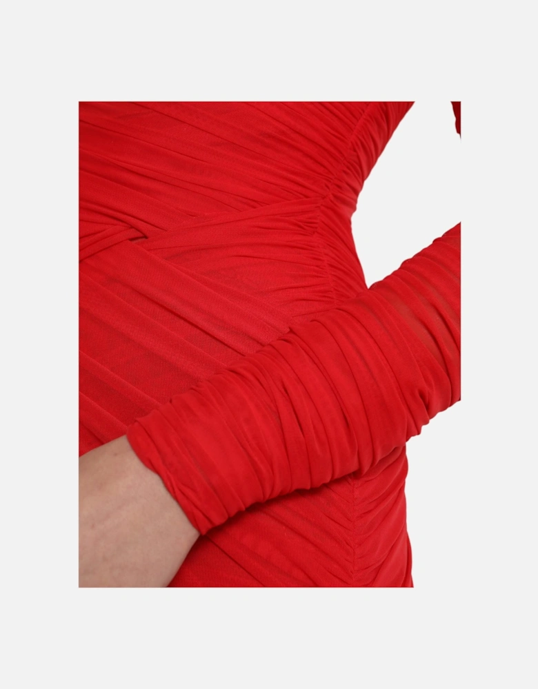 Ruched Mesh Midi Dress Red Long Sleeve Dress Women Dresses
