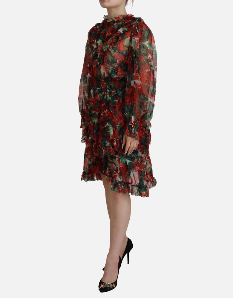 Floral Print Mini Dress Red and Green Geranium Women - Multicolor