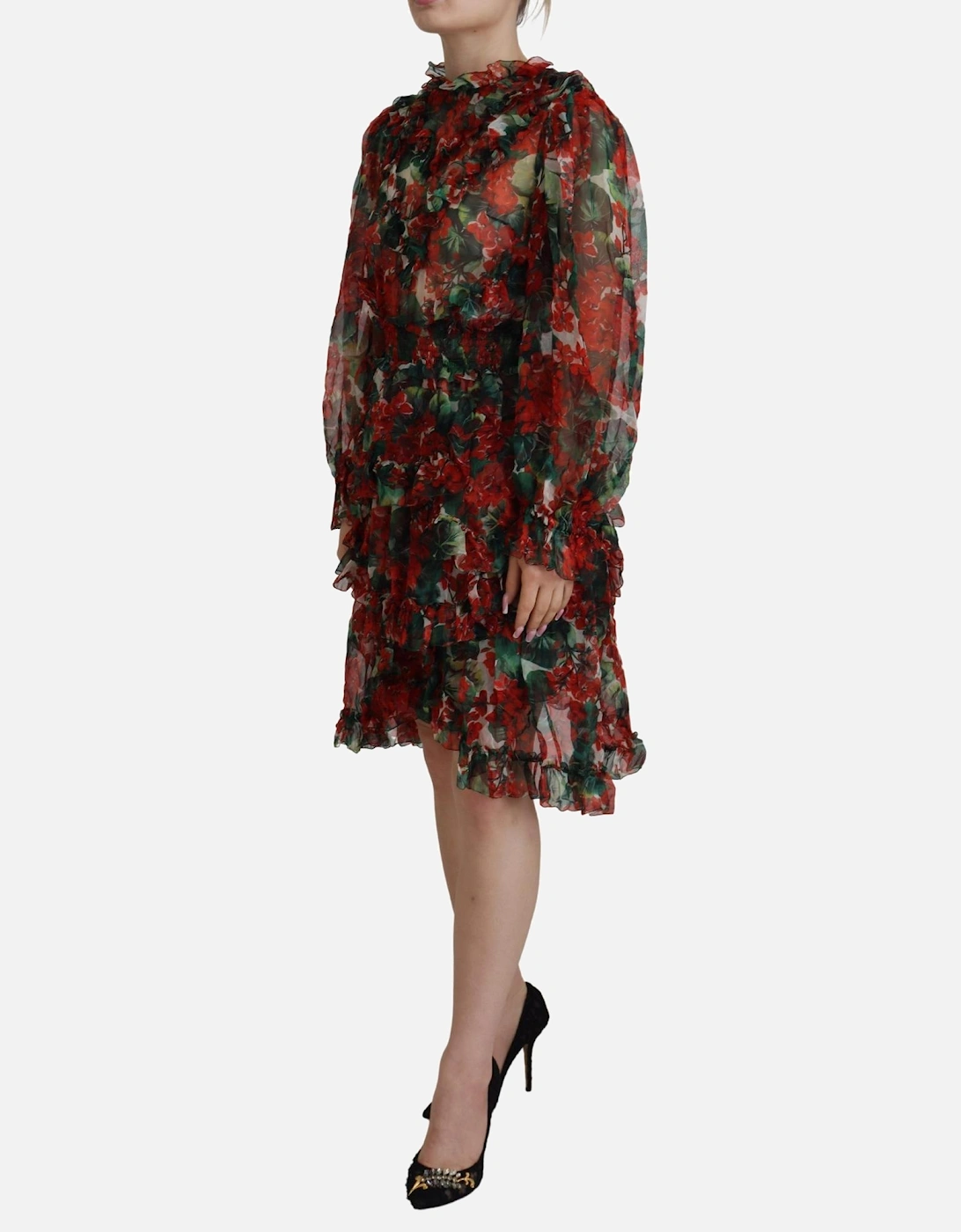 Floral Print Mini Dress Red and Green Geranium Women - Multicolor