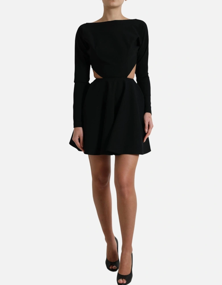 Cutout Mini Dress Long Sleeves Skater Style Women - Black Dresses