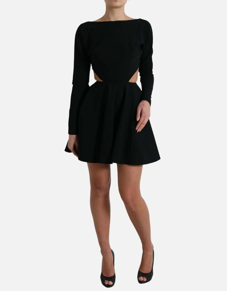 Cutout Mini Dress Long Sleeves Skater Style Women - Black Dresses