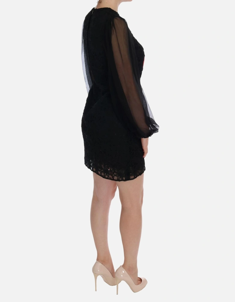 Lace Mini Dress Heart Patches Long Sleeves Women - Black Dresses