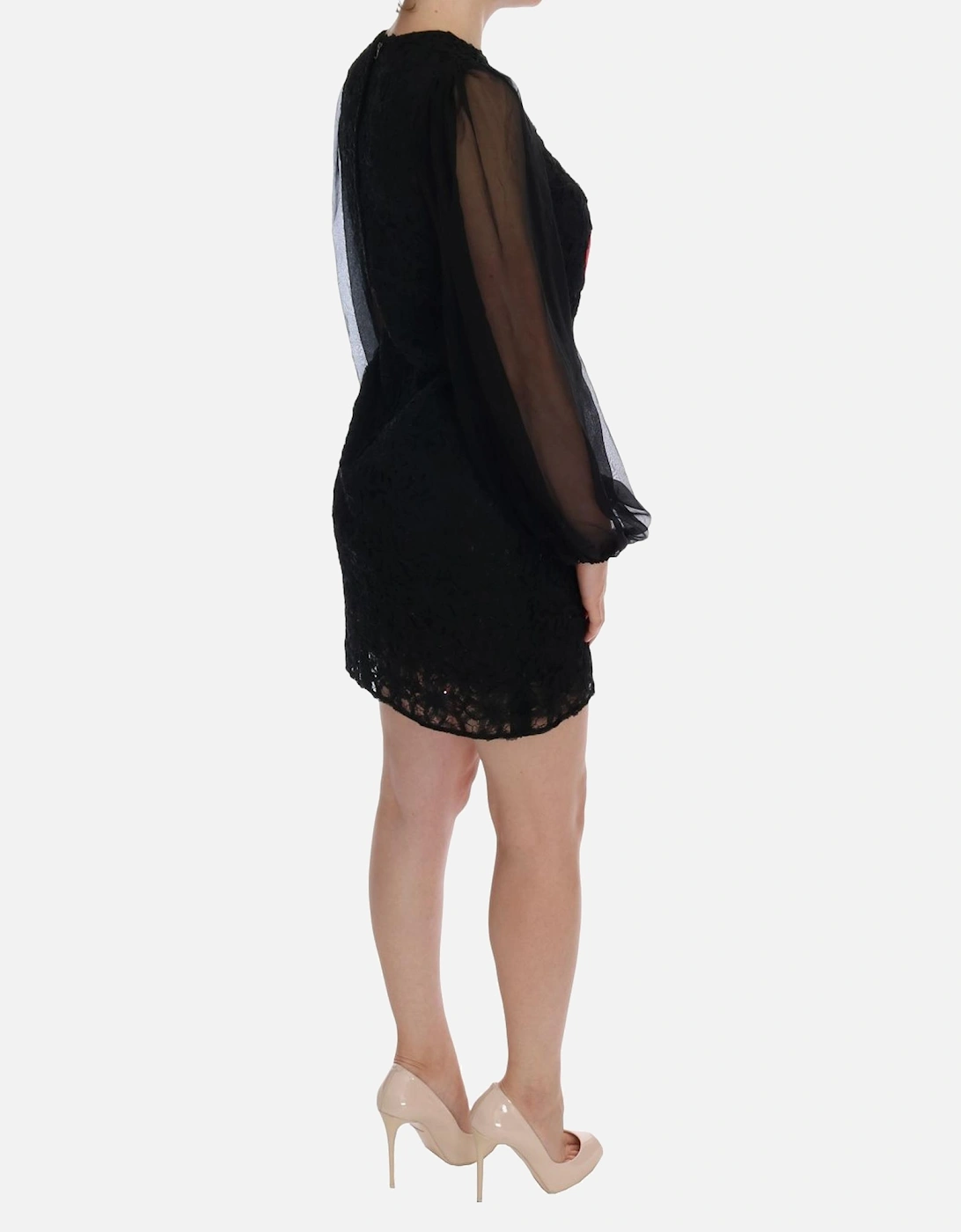 Lace Mini Dress Heart Patches Long Sleeves Women - Black Dresses
