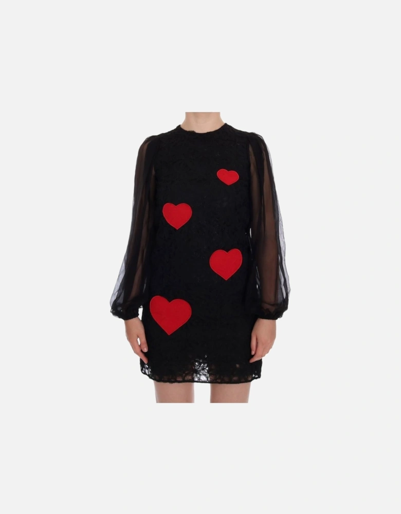 Lace Mini Dress Heart Patches Long Sleeves Women - Black Dresses