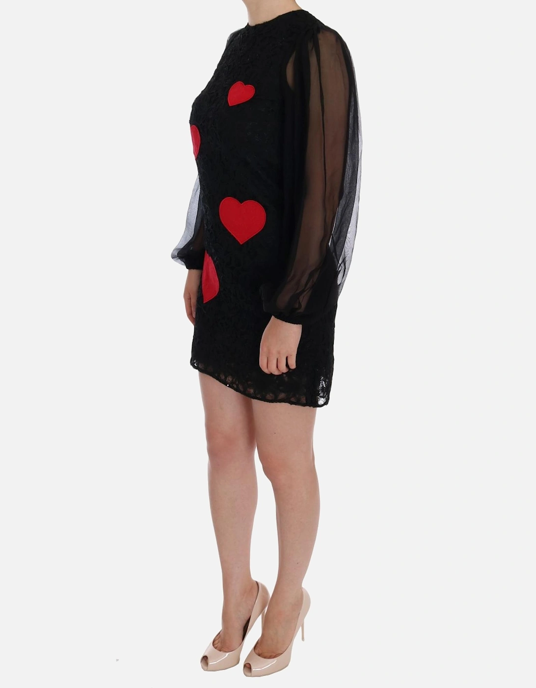 Lace Mini Dress Heart Patches Long Sleeves Women - Black Dresses