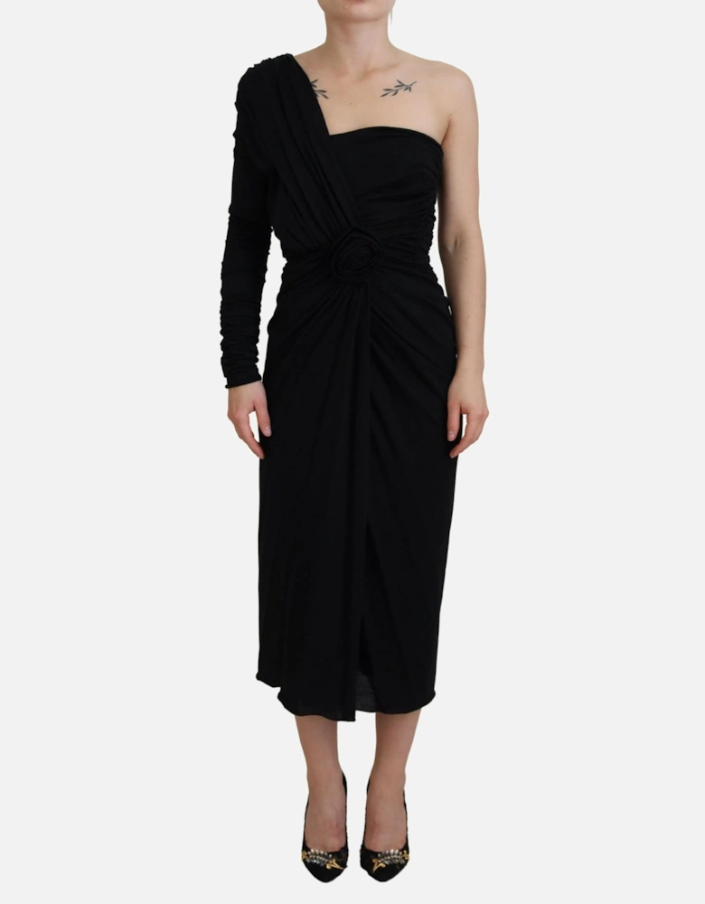 OneShoulder Jersey Dress Rose Detail Women - Black Dresses