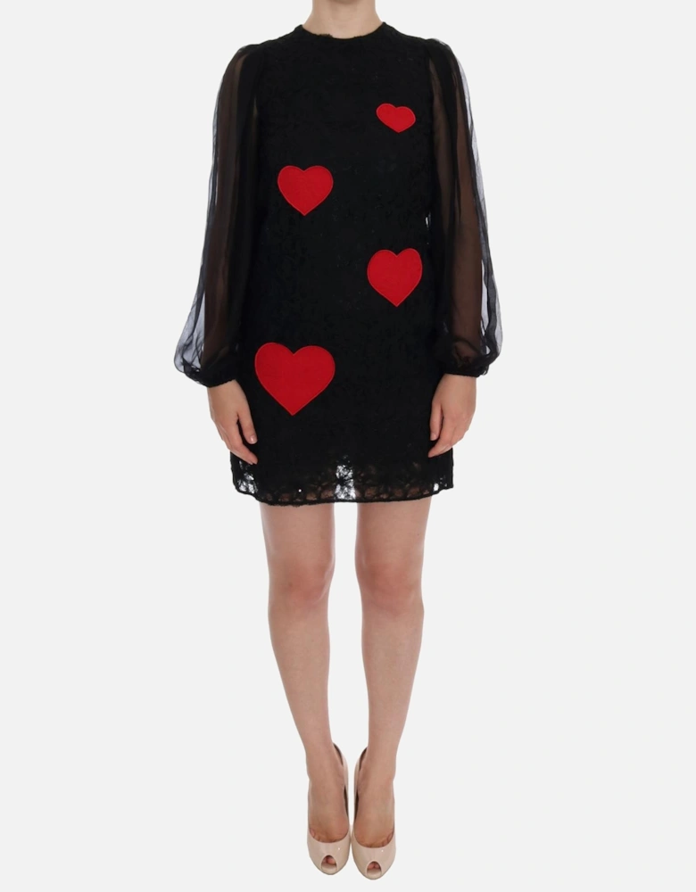 Lace Mini Dress Heart Patches Long Sleeves Women - Black Dresses