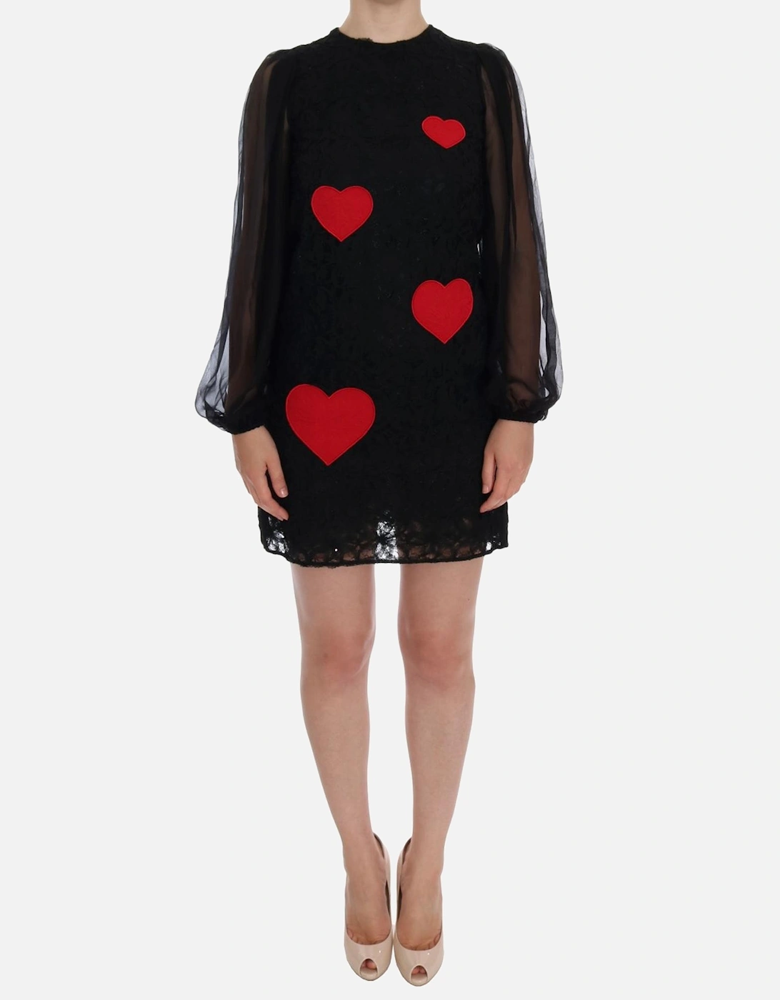 Lace Mini Dress Heart Patches Long Sleeves Women - Black Dresses, 7 of 6