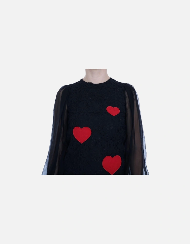 Lace Mini Dress Heart Patches Long Sleeves Women - Black Dresses