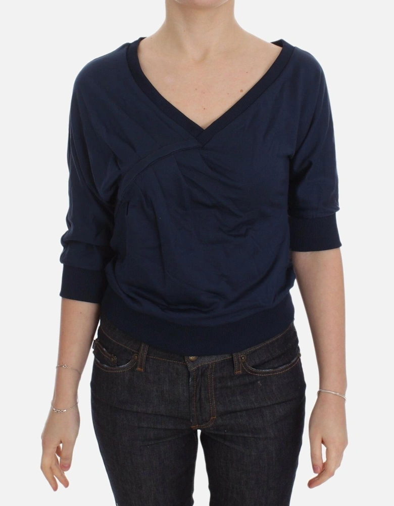 Deep V-Neck Pullover Sweater with Logo Details Women - Blue T-Shirts