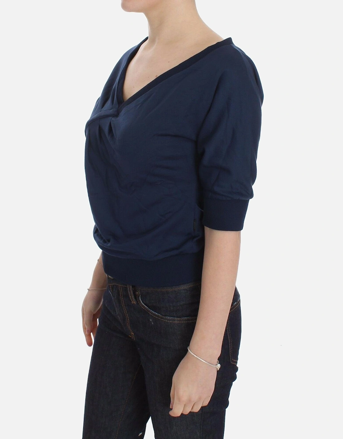 Deep V-Neck Pullover Sweater with Logo Details Women - Blue T-Shirts