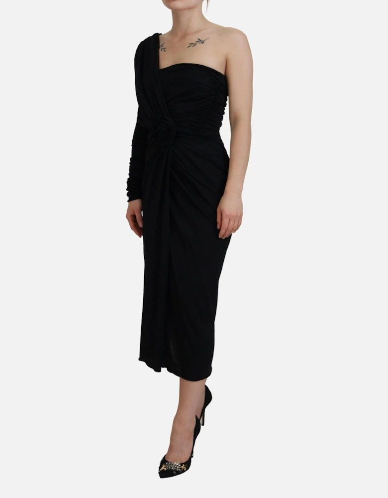 OneShoulder Jersey Dress Rose Detail Women - Black Dresses