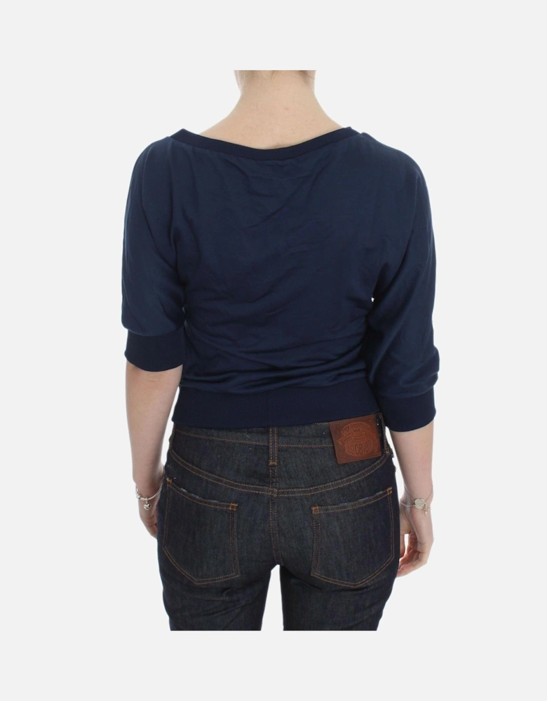 Deep V-Neck Pullover Sweater with Logo Details Women - Blue T-Shirts