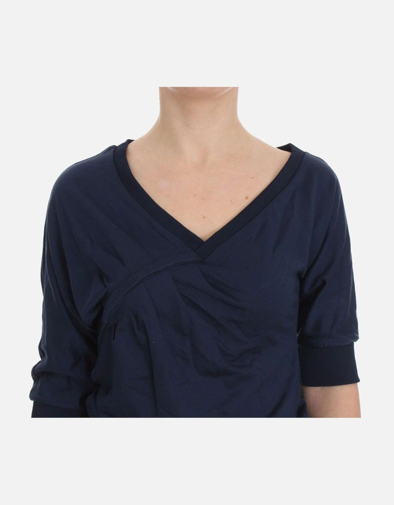 Deep V-Neck Pullover Sweater with Logo Details Women - Blue T-Shirts