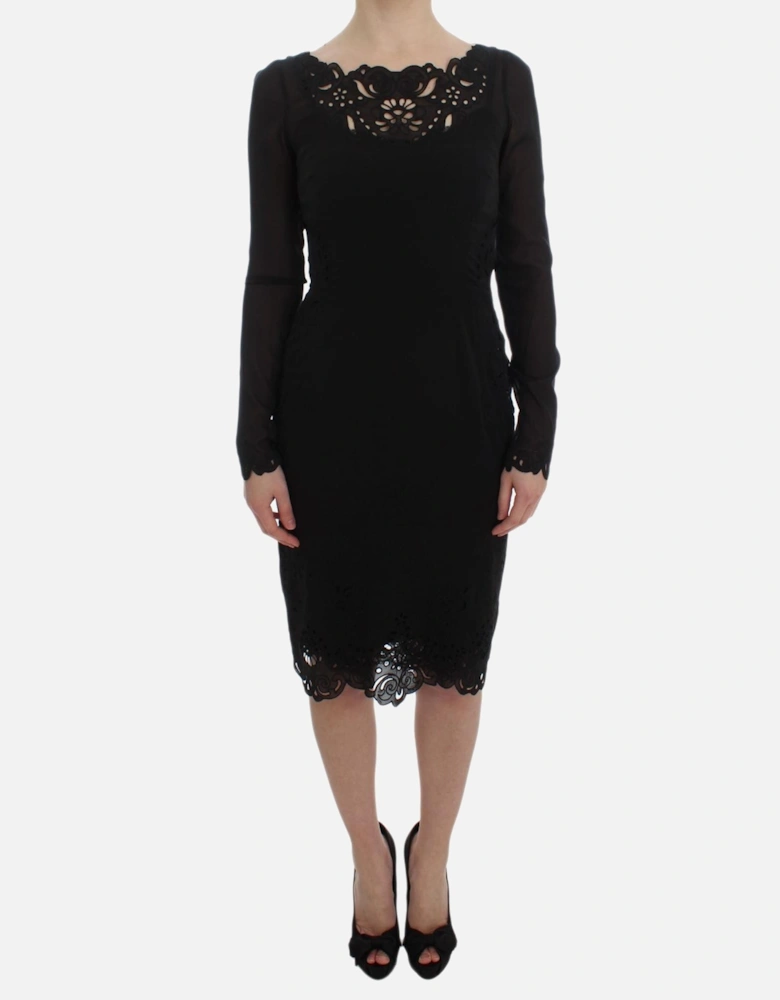 Floral Lace Cutout Silk Blend Bodycon Dress Women - Black Dresses