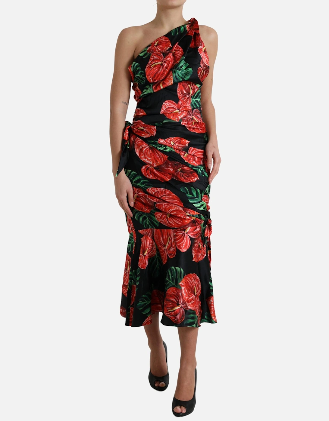 Floral Silk Midi Dress OneShoulder Style Women - Black Dresses, 7 of 6