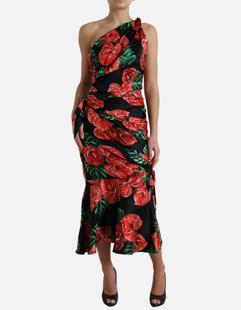 Floral Silk Midi Dress OneShoulder Style Women - Black Dresses