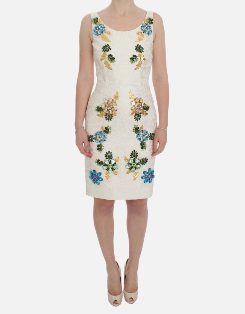 Floral Brocade Sheath Dress with Crystal Brooches Women - White