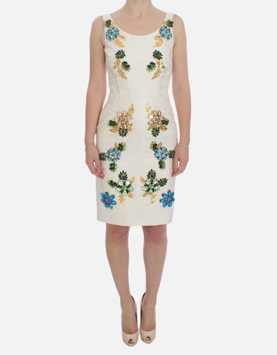 Floral Brocade Sheath Dress with Crystal Brooches Women - White, 7 of 6