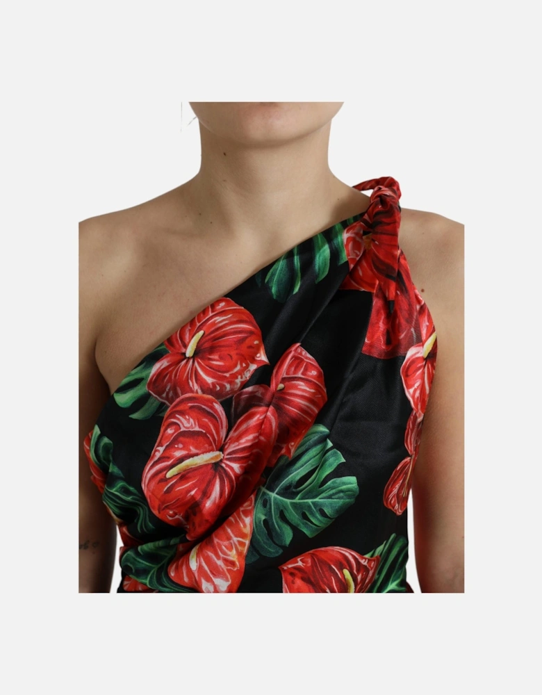 Floral Silk Midi Dress OneShoulder Style Women - Black Dresses