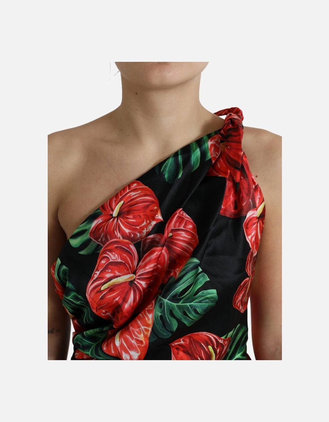 Floral Silk Midi Dress OneShoulder Style Women - Black Dresses