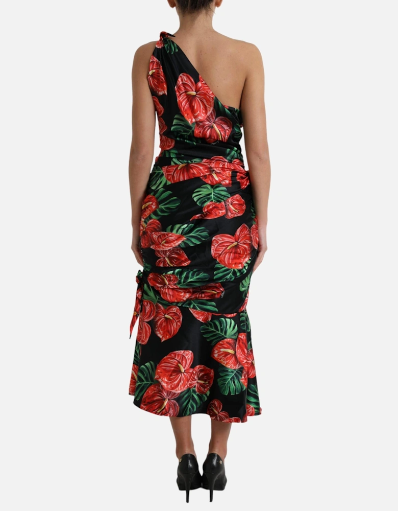 Floral Silk Midi Dress OneShoulder Style Women - Black Dresses