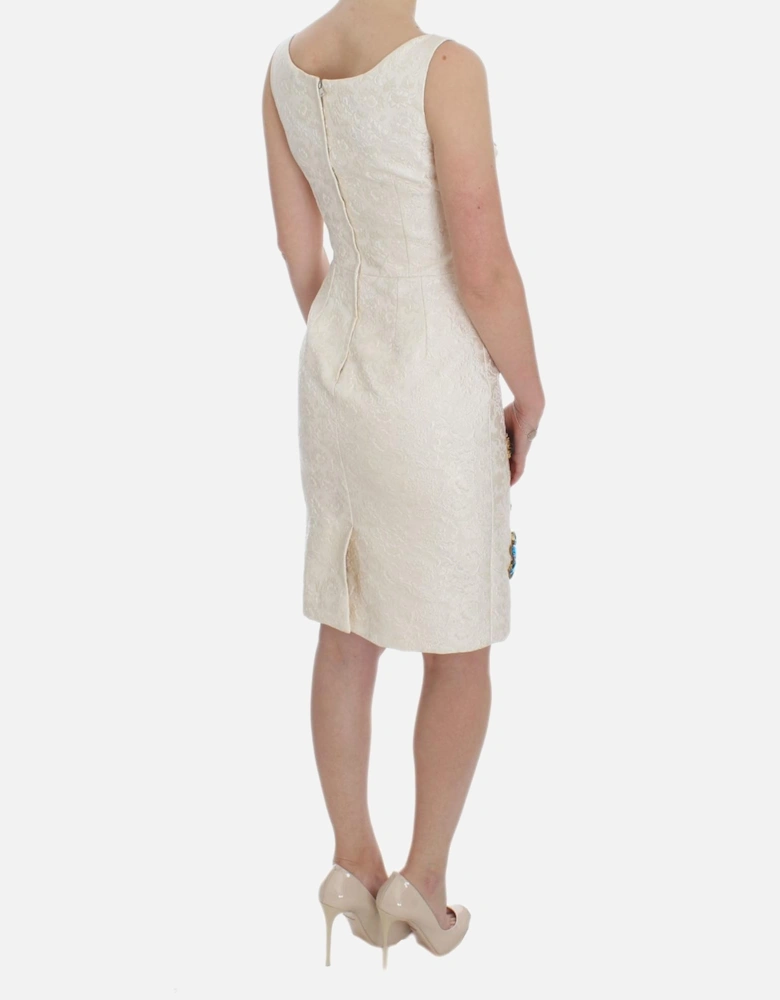 Floral Brocade Sheath Dress with Crystal Brooches Women - White