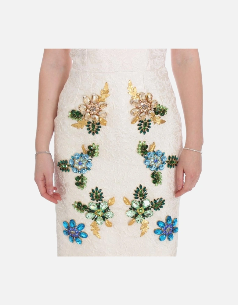 Floral Brocade Sheath Dress with Crystal Brooches Women - White