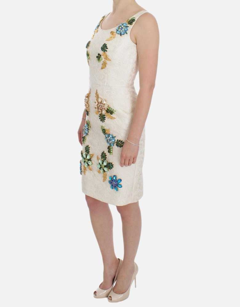 Floral Brocade Sheath Dress with Crystal Brooches Women - White