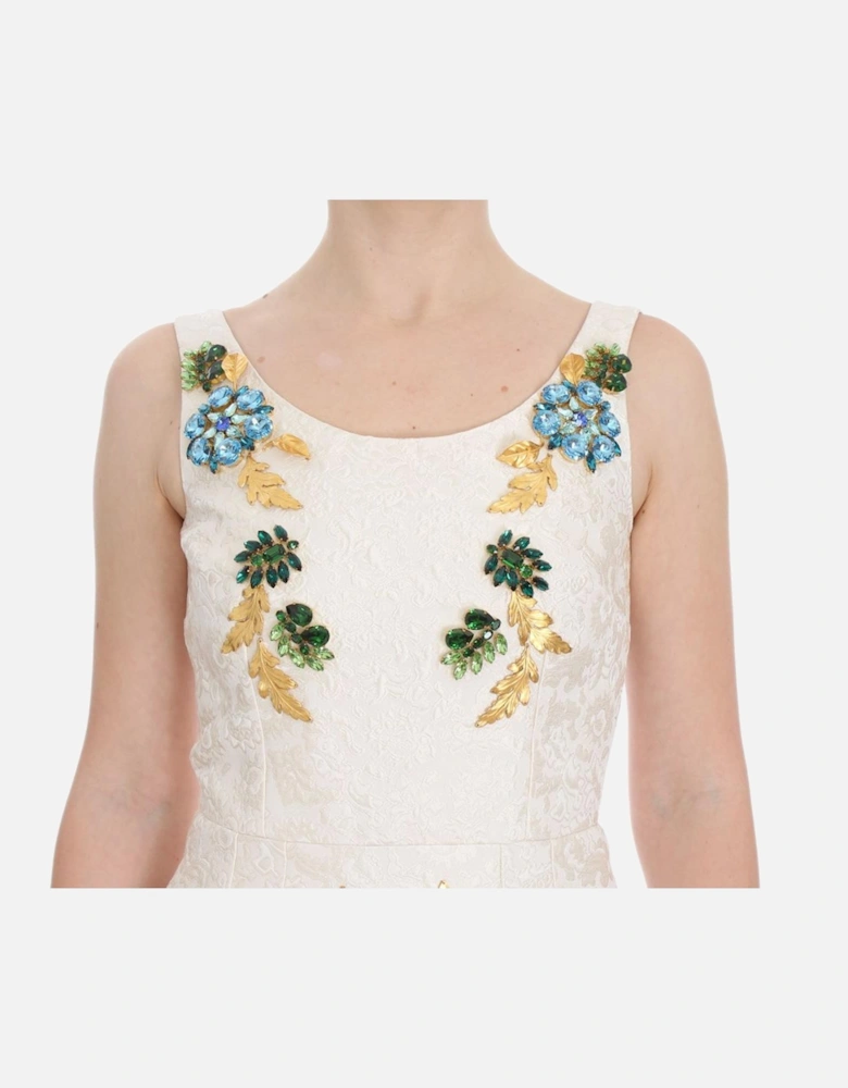 Floral Brocade Sheath Dress with Crystal Brooches Women - White