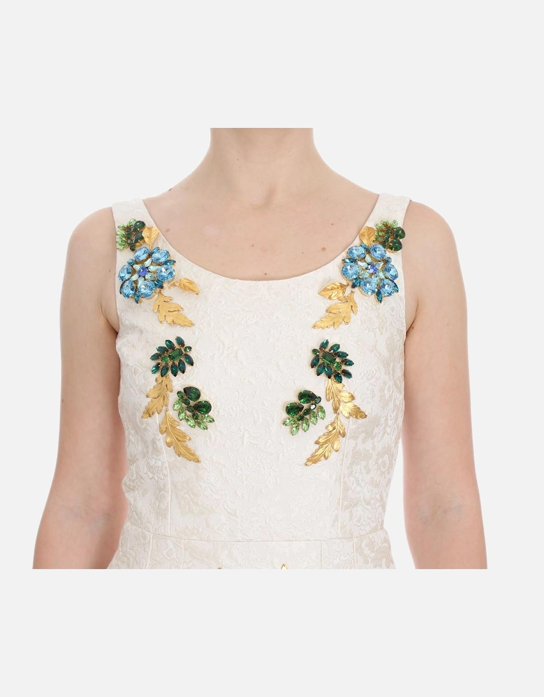 Floral Brocade Sheath Dress with Crystal Brooches Women - White