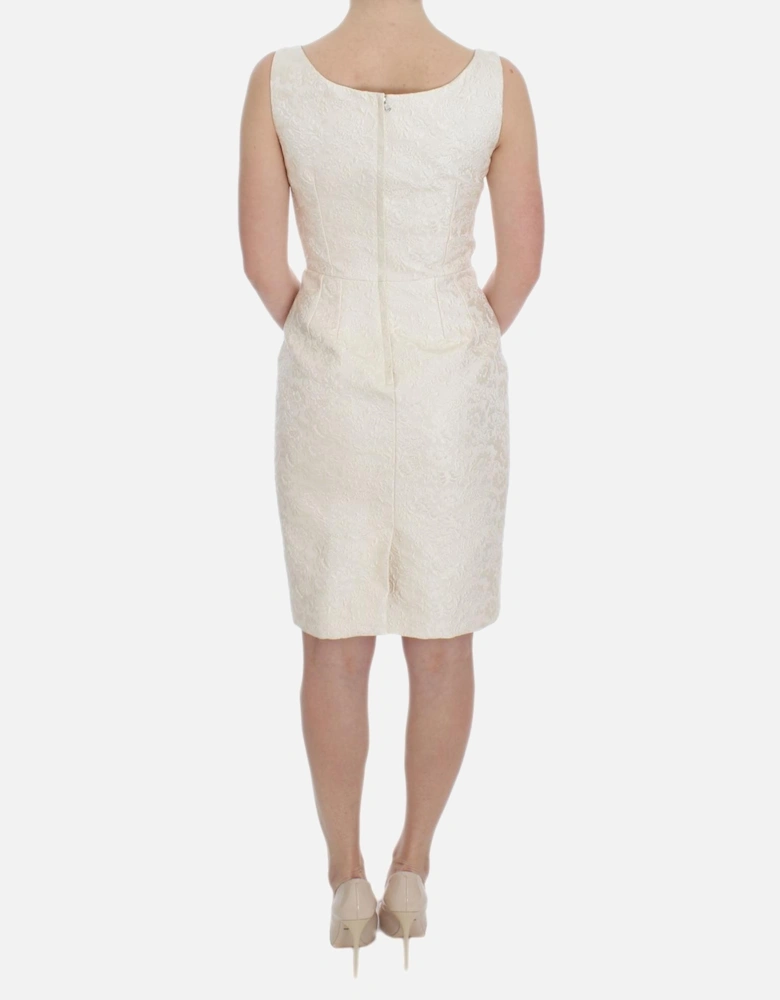 Floral Brocade Sheath Dress with Crystal Brooches Women - White