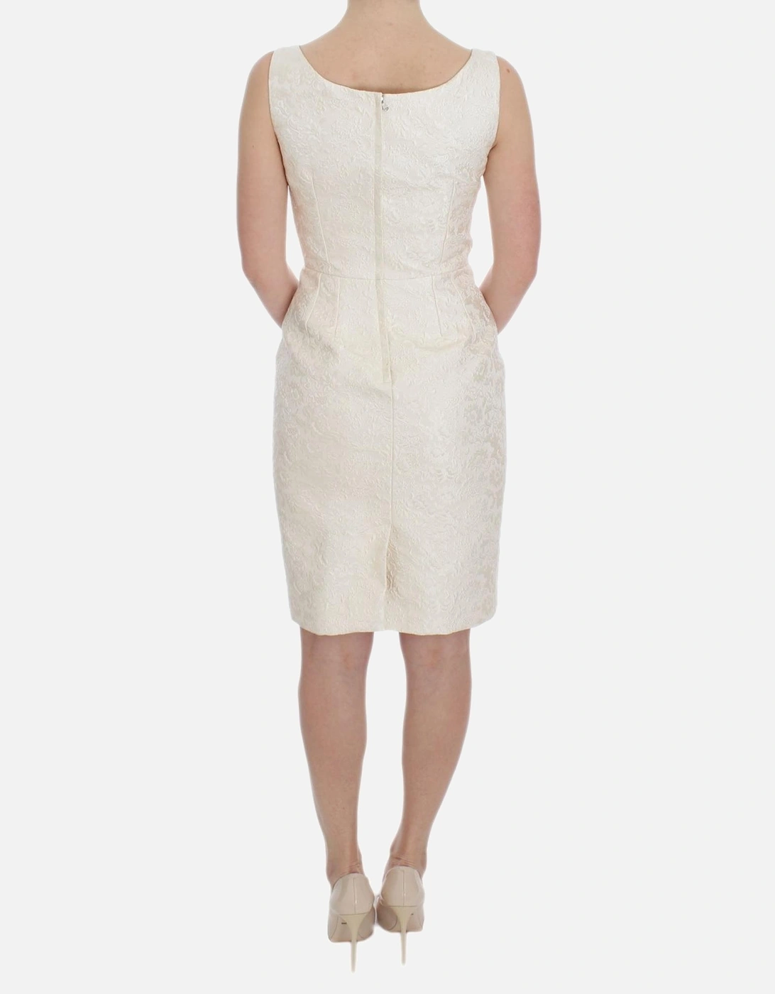 Floral Brocade Sheath Dress with Crystal Brooches Women - White