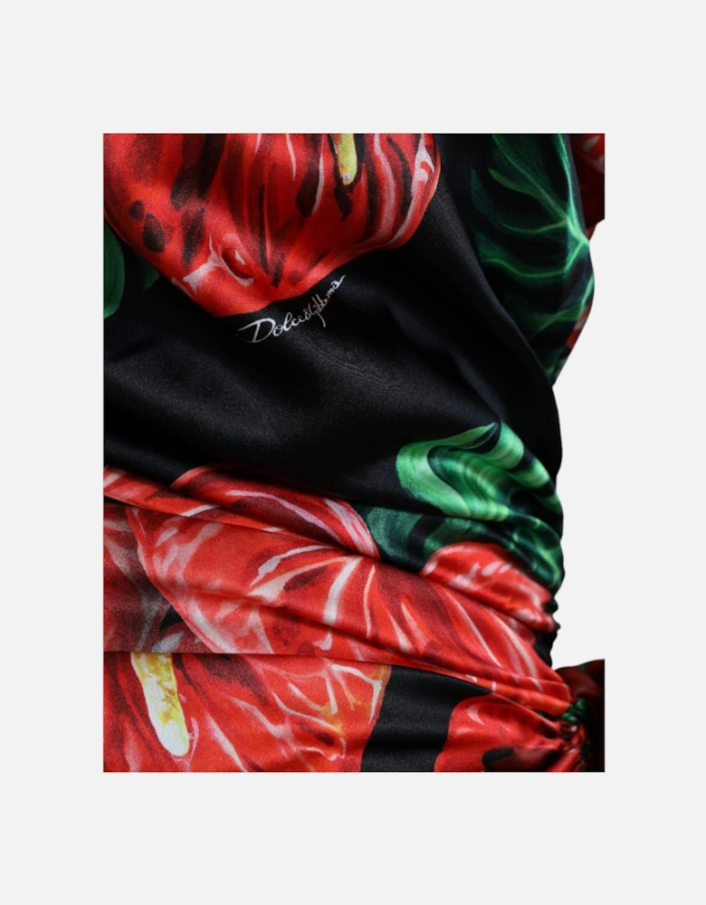 Floral Silk Midi Dress OneShoulder Style Women - Black Dresses