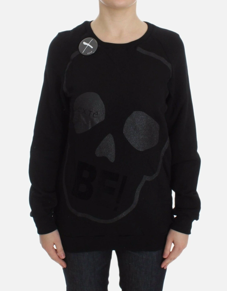 Crew-Neck Skull Motif Cotton Sweater Women - Black