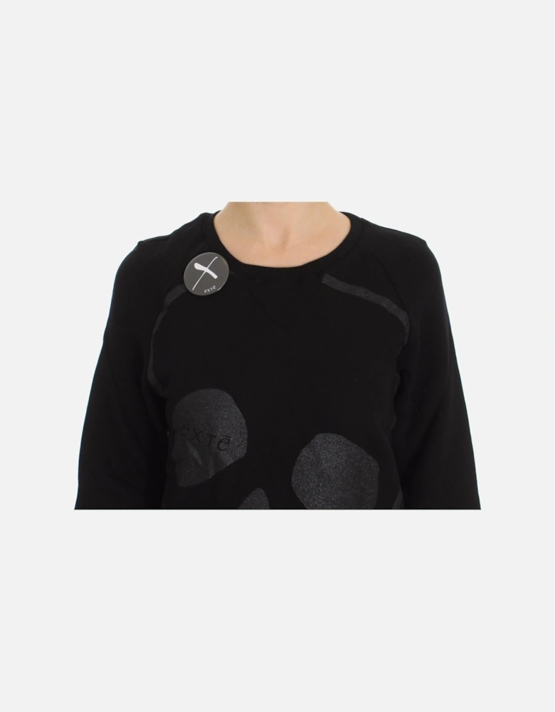 Crew-Neck Skull Motif Cotton Sweater Women - Black