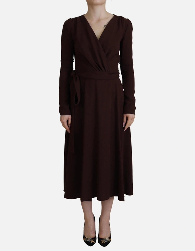 ALine Midi Wrap Dress Long Sleeves Women - Brown Dresses