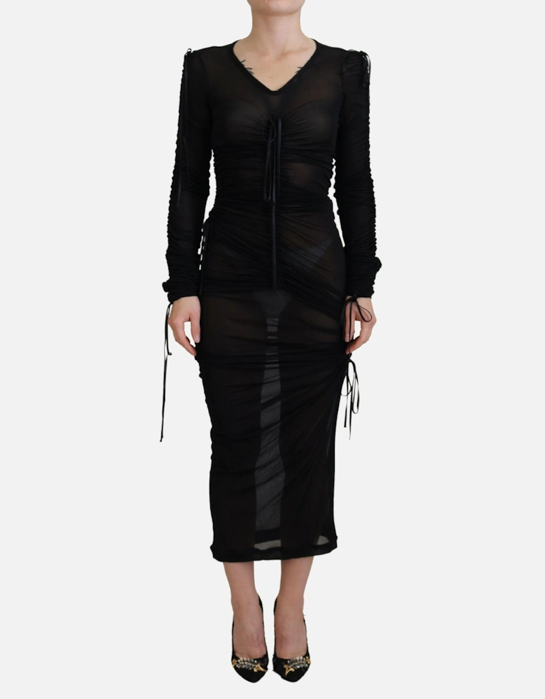 Mesh Long Sleeve Ruched Midi Dress Women - Black Dresses