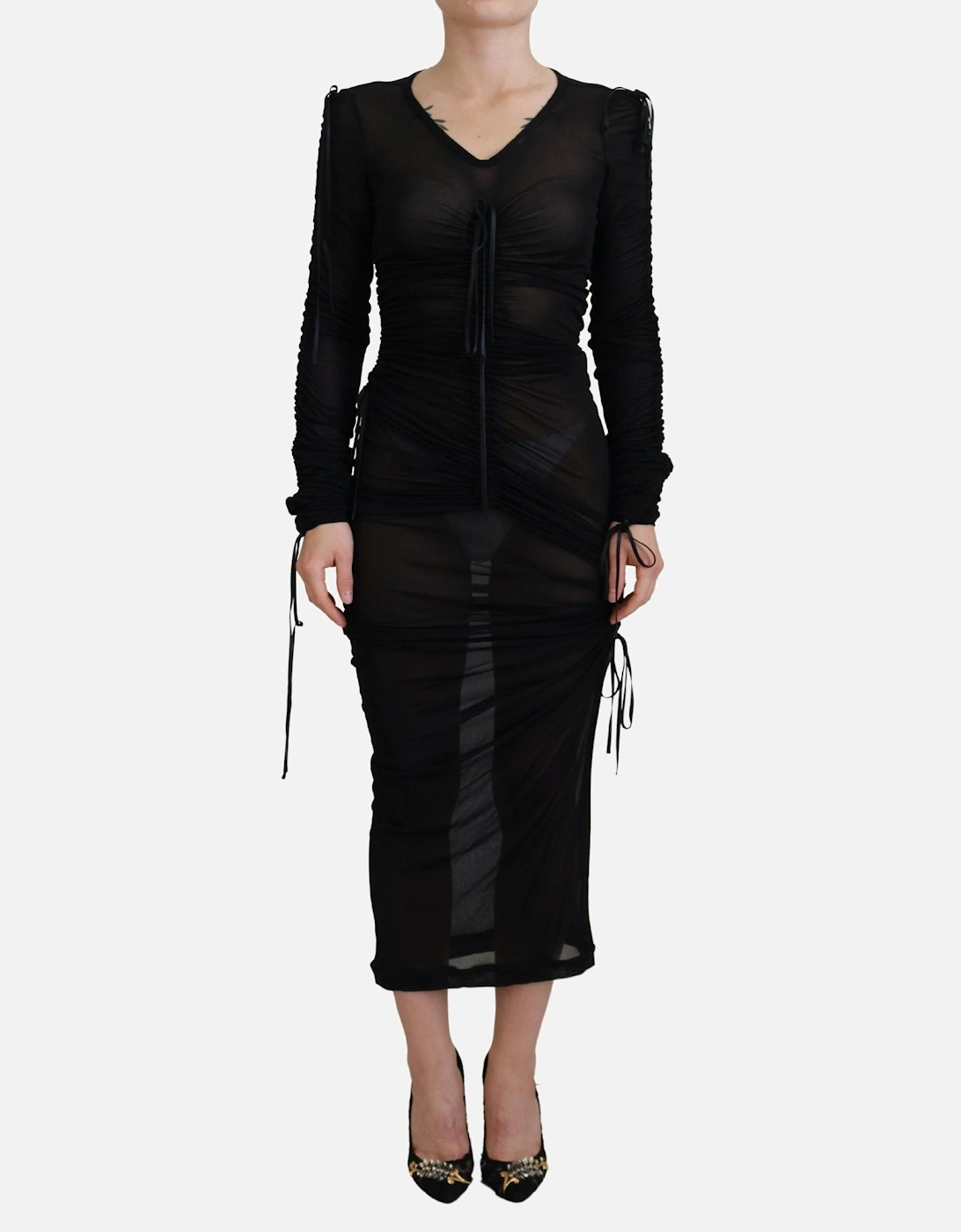 Mesh Long Sleeve Ruched Midi Dress Women - Black Dresses, 7 of 6