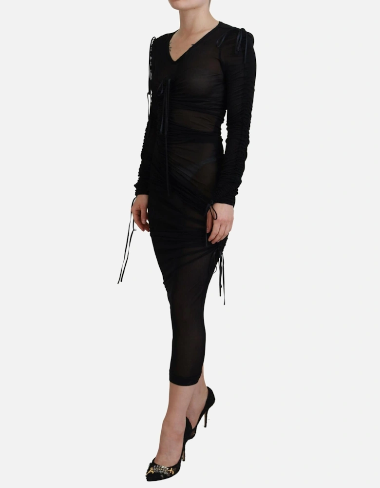 Mesh Long Sleeve Ruched Midi Dress Women - Black Dresses