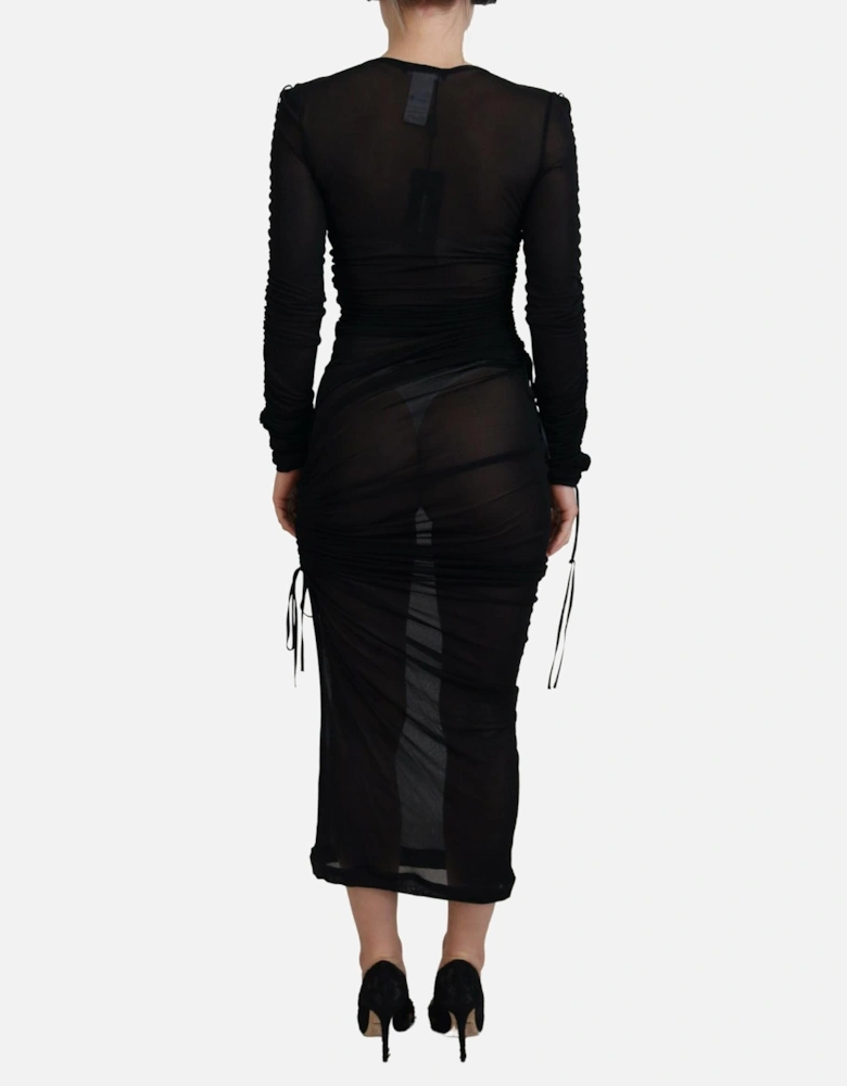 Mesh Long Sleeve Ruched Midi Dress Women - Black Dresses