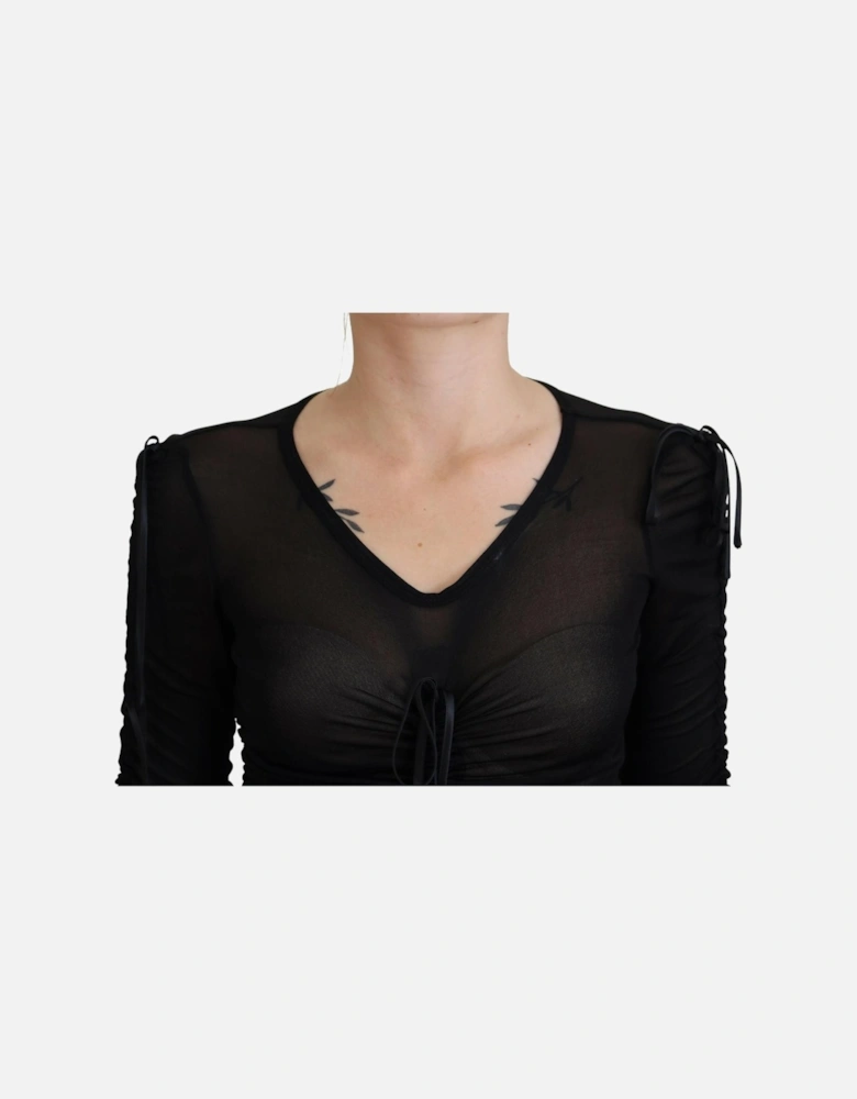 Mesh Long Sleeve Ruched Midi Dress Women - Black Dresses