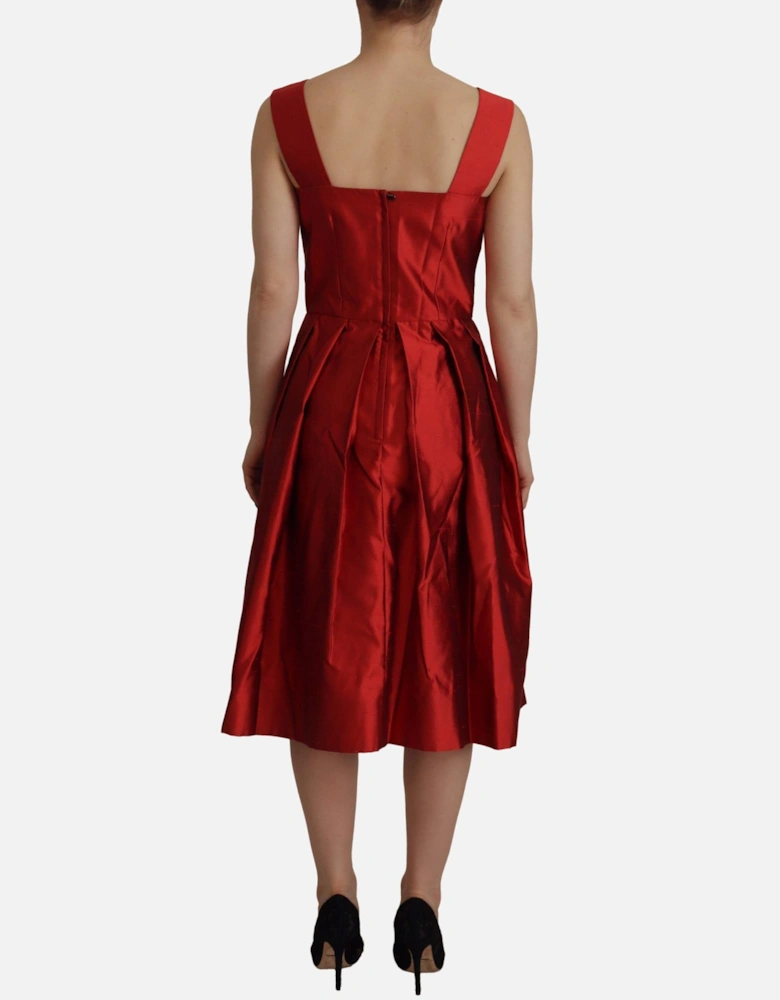 Red Silk Pleated Dress Sleeveless Square Neck Women Dresses
