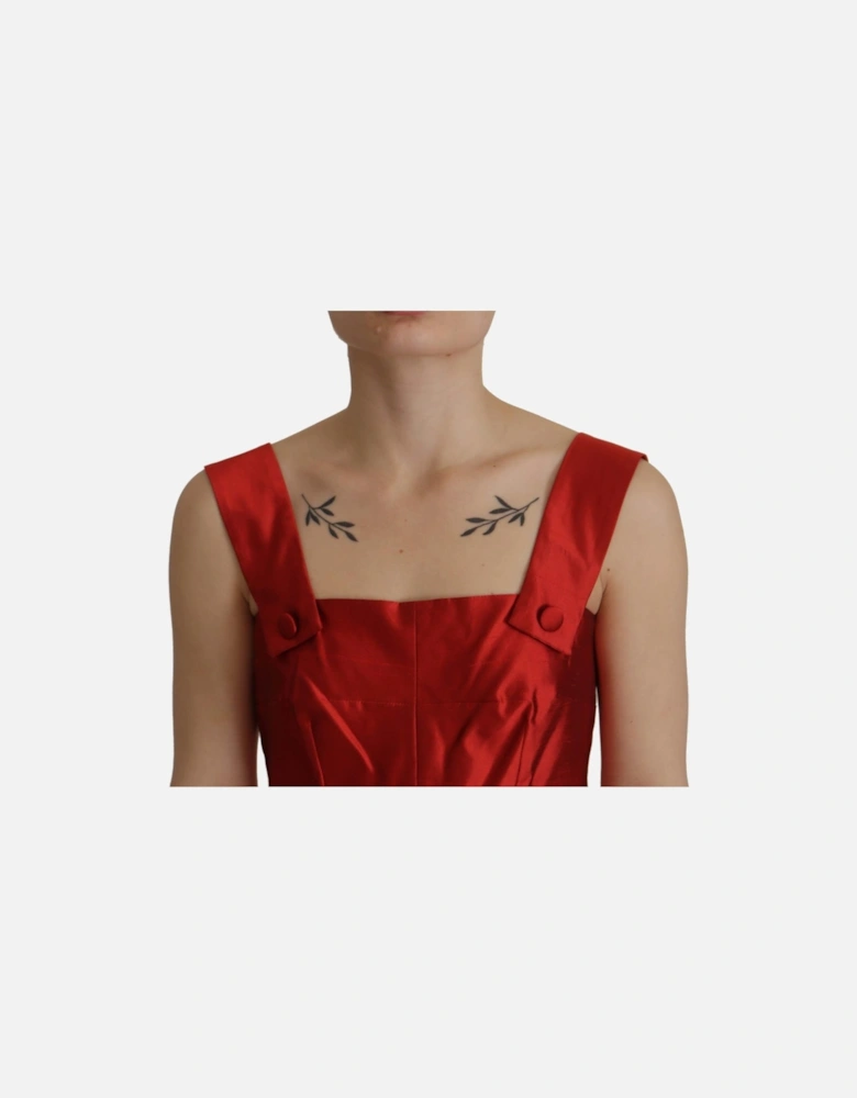 Red Silk Pleated Dress Sleeveless Square Neck Women Dresses